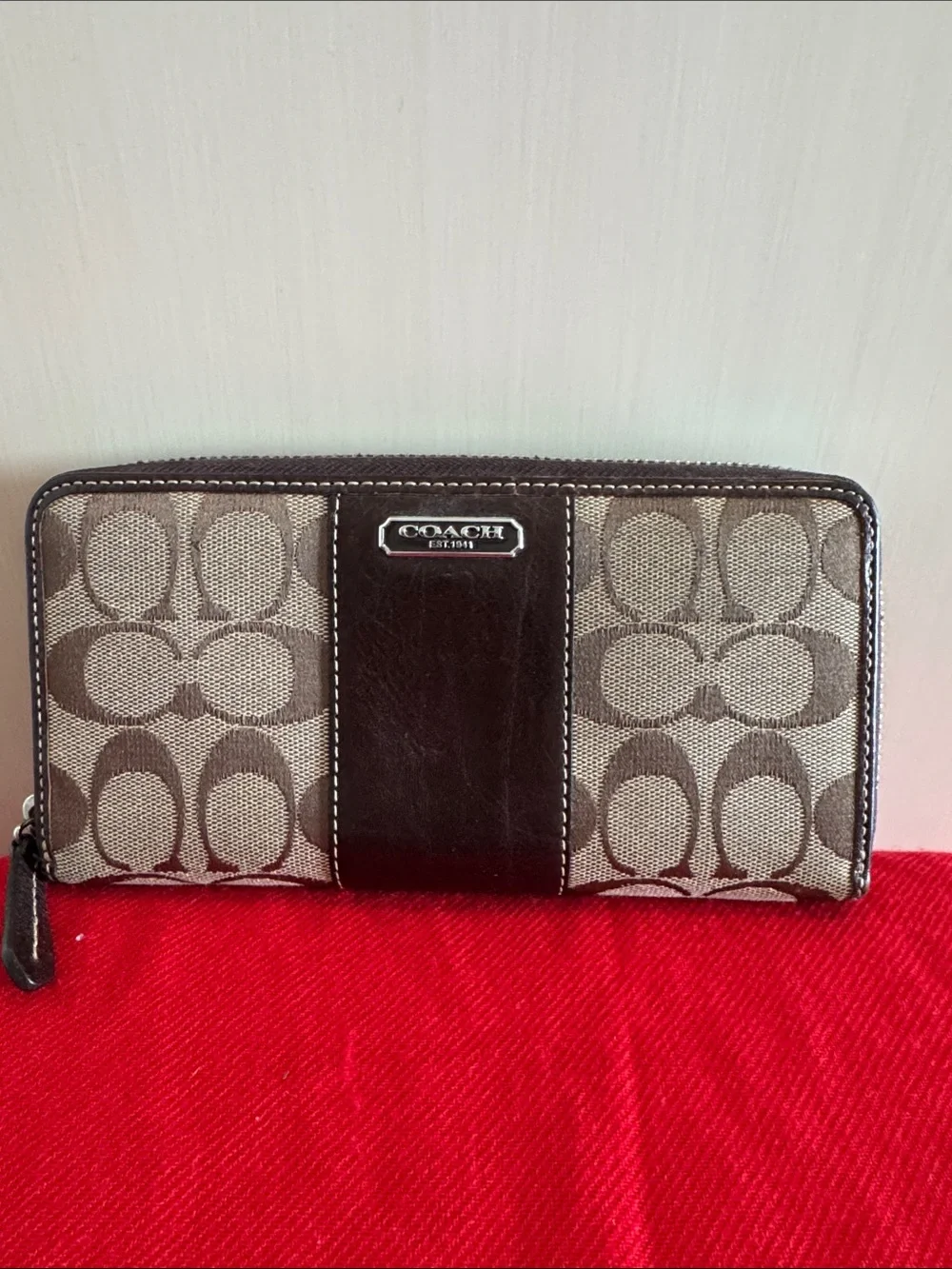 Coach Signature Canvas Zip Wallet in Brown and Beige